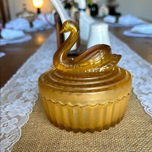 Jeannette Glass Amber 1930's Era Glass Swan Topped Trinket/Candy/Powder Dish